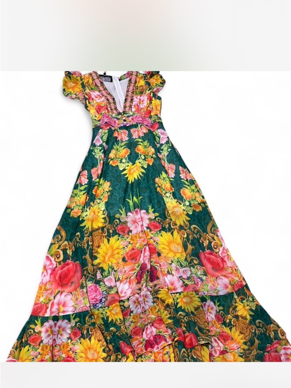 Floral Green Maxi Dress with Pink & Yellow Bloom Print